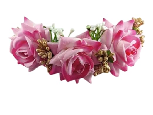 glimm Artificial Flower Juda Bun Accessories – Bridal Hair Pins & Clips for Women & Girls | Wedding Hair Decoration (Pack of 3) pink