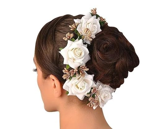 glimm elegant 3pcs artificial rose with praga flowers hair pin – stylish rose hair accessory for juda bun, bridal, party & everyday wear for women & girls